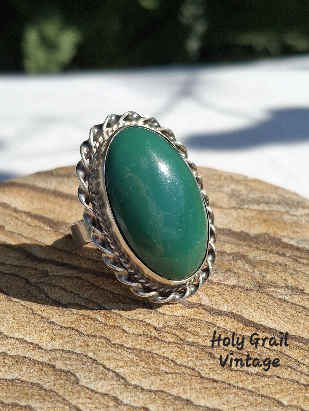 VTG Stamped Mexico Sterling Silver & Green Onyx Southwestern Statement Ring
